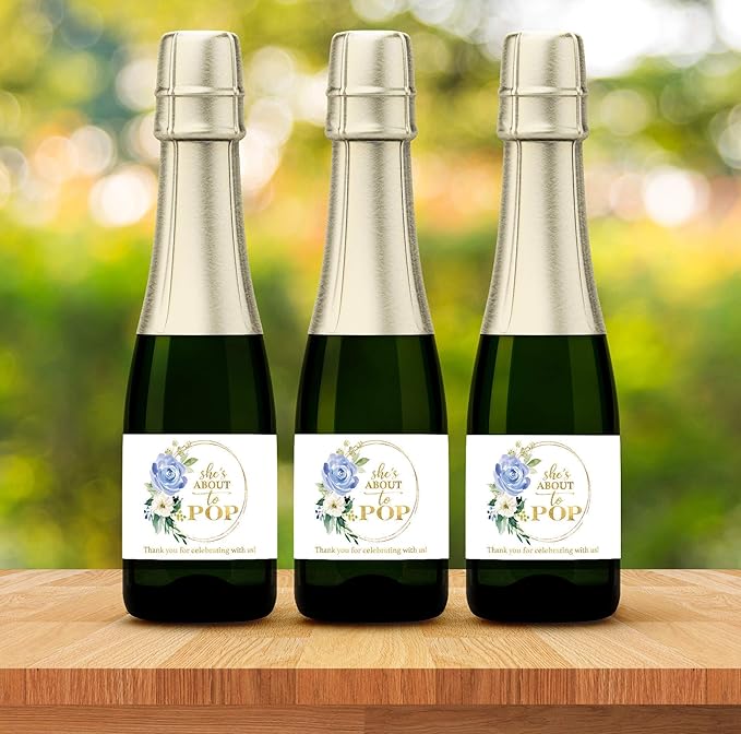 It’s a Boy Mini Champagne Bottle Labels ● SET of 12 ● She’s Ready To POP Baby Shower Favor Label, About to POP Thank You Favors, Blue Boy Baby Shower Gender Reveal Waterproof (Floral)