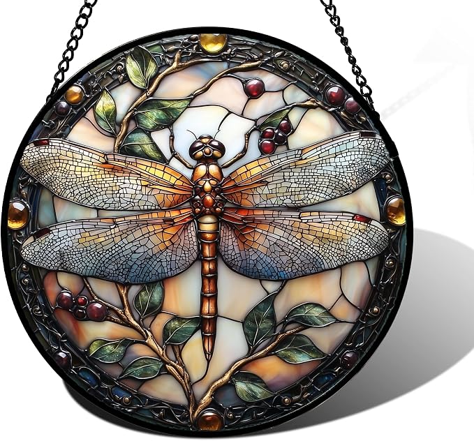 DASTOLL Stained Glass Window Hanging - Dragonfly Plant Suncatcher Ready to Hang Window Doors Home Decoration, Christmas, Mother's Day Birthday Gifts for Women, Men, and Mom11.8x11.8 in