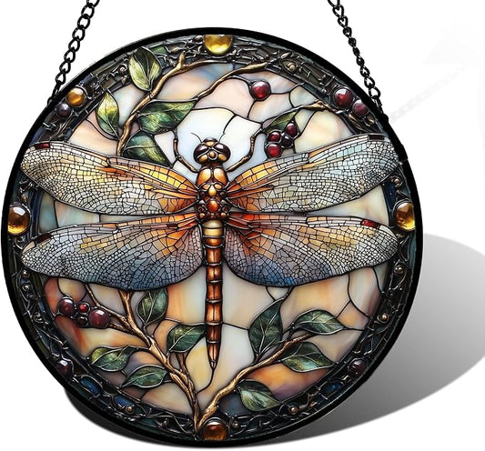 DASTOLL Stained Glass Window Hanging - Dragonfly Plant Suncatcher Ready to Hang Window Doors Home Decoration, Christmas, Mother's Day Birthday Gifts for Women, Men, and Mom 6.3X6.3IN