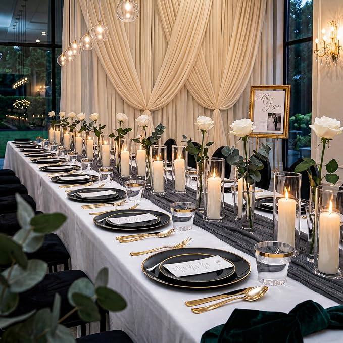 KIRE 60PCS Black Plastic Plates - Black Disposable Plates with Gold Rim - Include 30Pcs 10.25inch for Dinner and 30Pcs 7.5inch for Dessert for Wedding/Graduation/Party/Father's Day