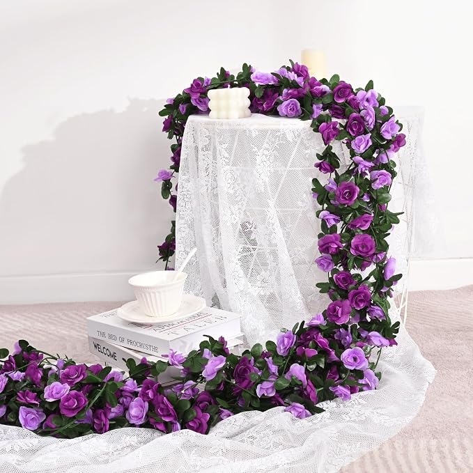 BLEUM CADE 2Pcs 16.4Ft Flower Garland Artificial Rose Vines for Bedroom, Cute Fake Hanging Flower Vines Floral Garland Decorations for Wedding Party Wall Room Decor Aesthetic