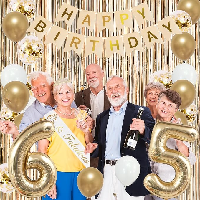 Trgowaul 65th Birthday Decorations for Women, Banner, Sash and Crown, Cake Topper, 65 Number Balloon, Fringe Curtains, Champagne Gold 65th Birthday Party Supplies