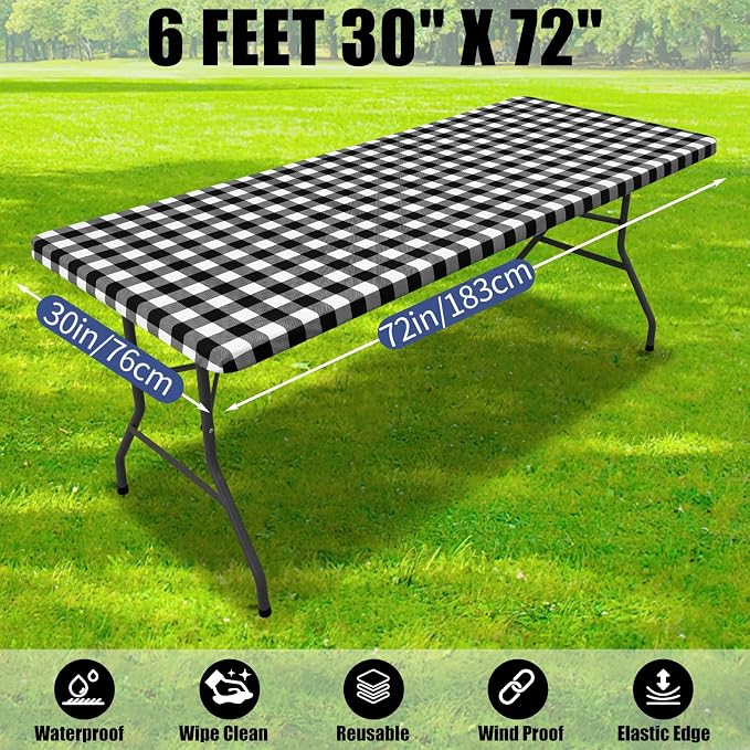 Smiry Picnic Table Cloth 6 Pack, Waterproof Elastic Fitted Tablecloths for 6FT Rectangle Tables, Washable Polyester Buffalo Plaid Tablecloth for Camping, Dining & Outdoor (Black & White, 30" x 72")