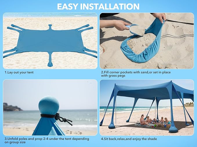 Beach Tent Sun Shelter 10 x 13FT, Camping Sun Shelter with 10 Sandbags, 22mm 7.2FT Thickened Aluminum Poles, Beach Canopy Tent Sun Shade UPF50+ Protection for Camping, Fishing, Backyard
