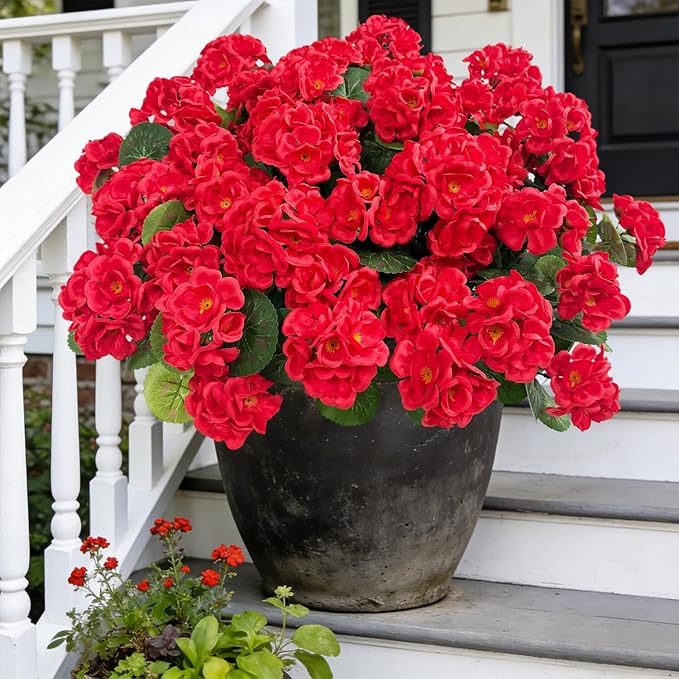 Ouddy Decor Artificial Geranium Flowers for Outdoors, Fake Silk Flowers UV Resistant Faux Geraniums for Vase Planter Garden Patio Balcony Porch Indoor Outdoor Spring Summer Home Decor, 24 Pcs Red