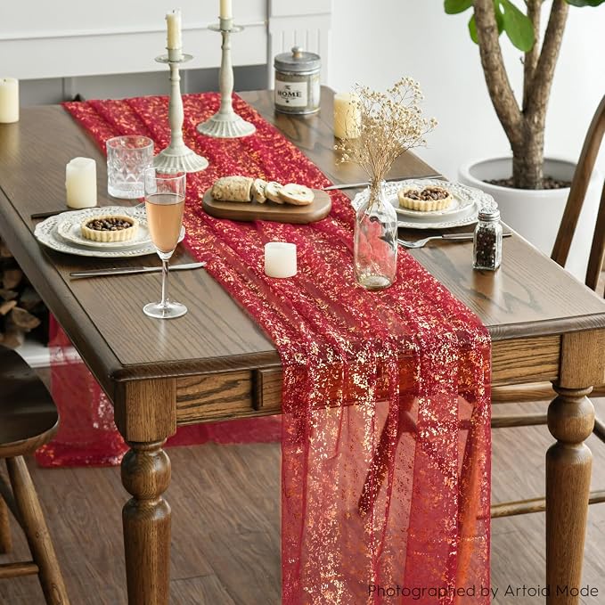 Artoid Mode Red Gold Gauze Table Runner 120 Inch 10FT, Glitter Metallic Foil Sheer Dining Wedding Anniversary Holiday Table Decor for Home Party
