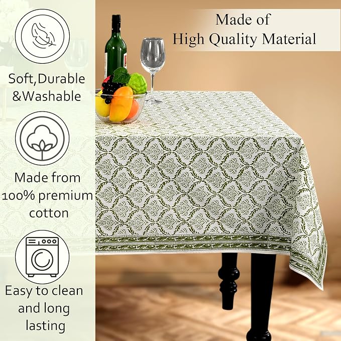 CPC Fern Regal Tablecloth 100% Cotton 60x90 Inch Indian Block Print Rectangle Table Cover, Table Cloth for Gifting in Weddings, Halloween, Fall, Christmas, Thanksgiving