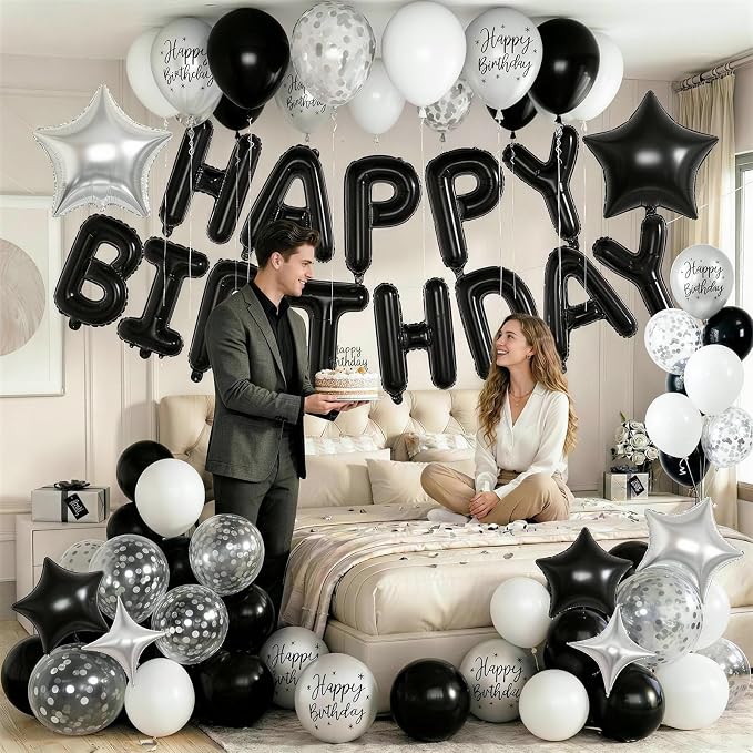 Black and Silver Birthday Decorations for White Black Silver Metallic Print Party Balloons Confetti Balloon Happy Birthday Banner 18/10 Inch Heart Balloons Star Balloon for Men Bday Party Supplies