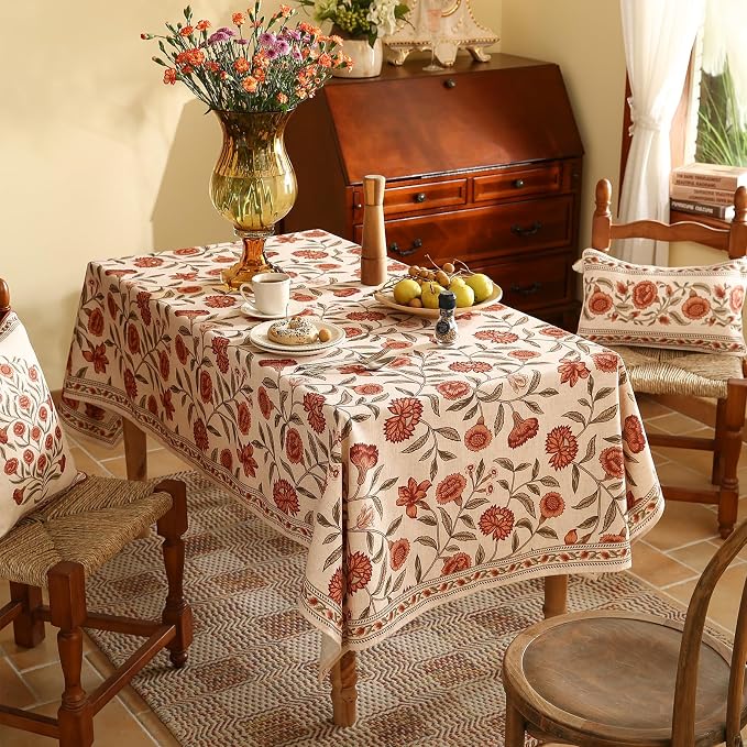 ISAENNE Designer French Linen Rectangular Tablecloth,110"x63"-Alvarado D | Vintage Elegant Beautiful Table Cloth for Rectangle Table,Orange Floral Pattern,Dining Room,Tea Party,Kitchen,Thanksgiving