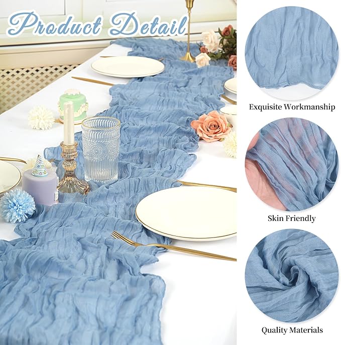 20 Pack Cheesecloth Table Runner 17 x 108 inch Long Boho Gauze Table Runners Semi Sheer Table Runner for Wedding Decor, Baby Shower, Birthday Party, Banquet (Dusty Blue)