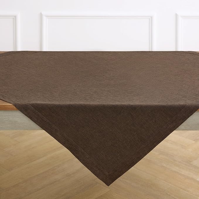 Solino Home Linen Square Tablecloth 52 x 52 Inch - 100% Pure Linen Chambray Brown Table Throw - Athena, Machine Washable Tablecloth