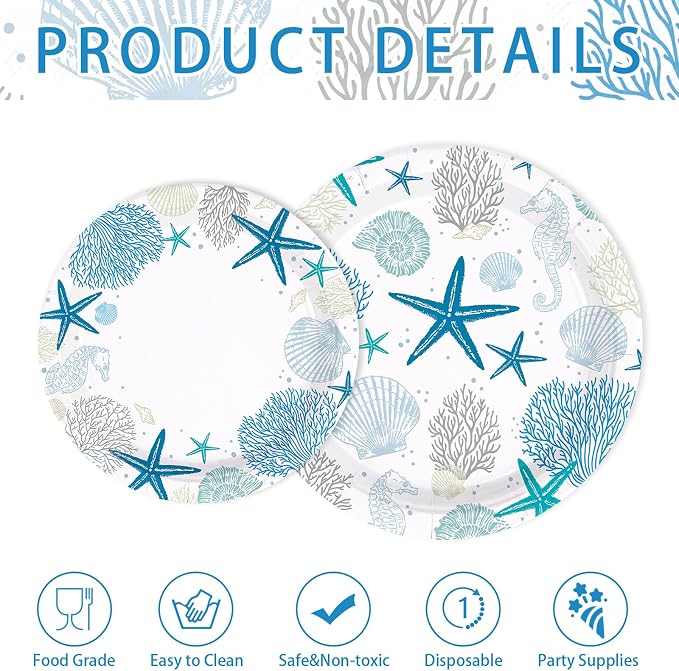 250Pcs Ocean Coastal Party Decorations Blue Seashell Starfish Coral Plates Napkins Cups Beach Ocean Sea Tableware Set for Summer Beach Holiday Birthday Dinner Party Supplies Serves 50