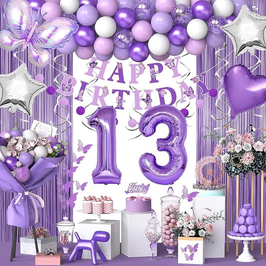13th Purple Birthday Decorations for Girls, Purple Pink 13th Birthday Decorations Butterfly Theme Lavender Party Decor Set with Number Balloons, Banner, Sash, Butterfly Stickers