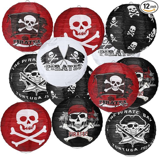Panelee 12 Pcs Pirate Theme Paper Lanterns Birthday Party Decorations 8 Inch Hanging Round Paper Lanterns for Halloween Party Decorations Holiday Indoor Outdoor Ceiling Ornament Supplies