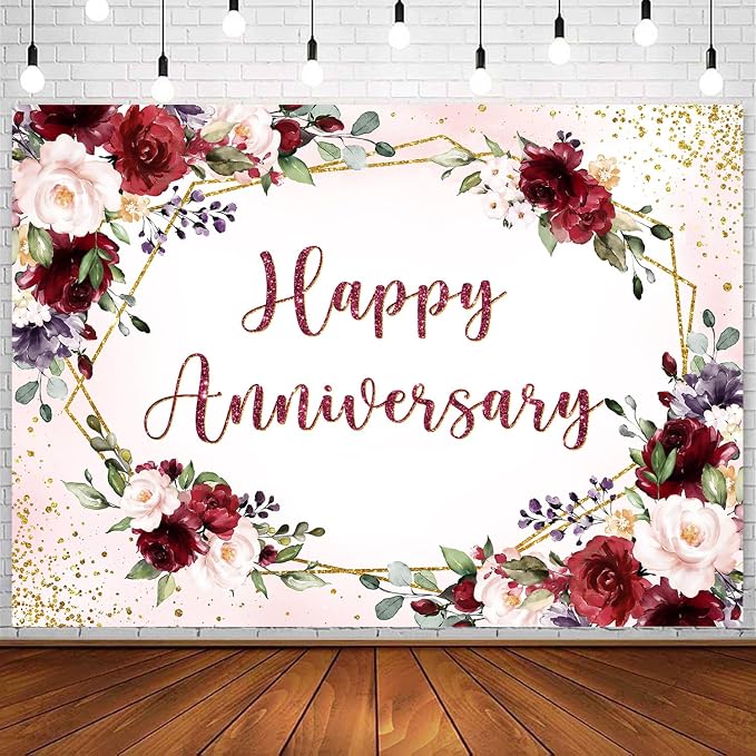 InMemory Happy Anniversary Backdrop Burgundy Flower Rose Wall Decoration Banner Couple Marriage Engagement Bridal Shower Wedding Anniversary Party Photography Background Photo Props 8x6ft