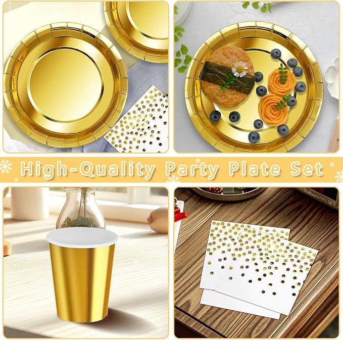 Nkaiso 193 Pcs Golden Paper Plates and Napkins Party Supplies Sets Include Gold Party Plate Cup Napkin Plastic Cutlery for Baby Shower, Wedding, Birthday Decoration -24 Guest