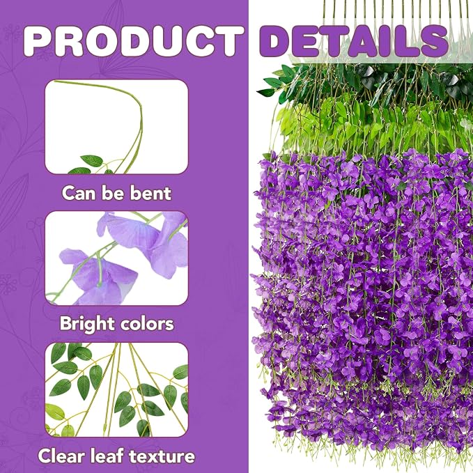 Alotiki Wisteria Hanging Flowers,36 Pack Fake Hanging Flowers,Wisteria Artificiales Garland for Home Wedding Arch Floral Party Garden Ceremony Outdoor Decor,3.6 Feet Long(36,Purple)