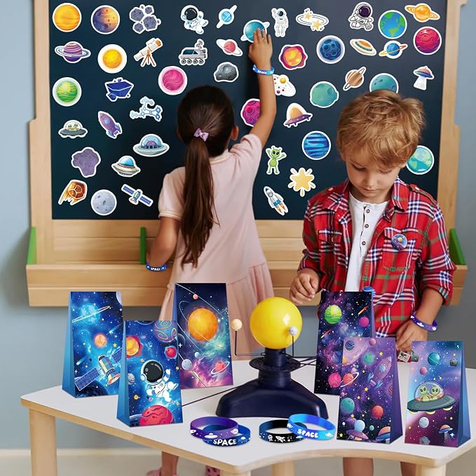 Space Party Favors, Space Themed Birthday Supplies, Including Gift Bag, Stickers, Silicone Wristbands, Badge, Notebook, Keychain, for Kids Birthday Goodie Bag Fillers Class Prizes