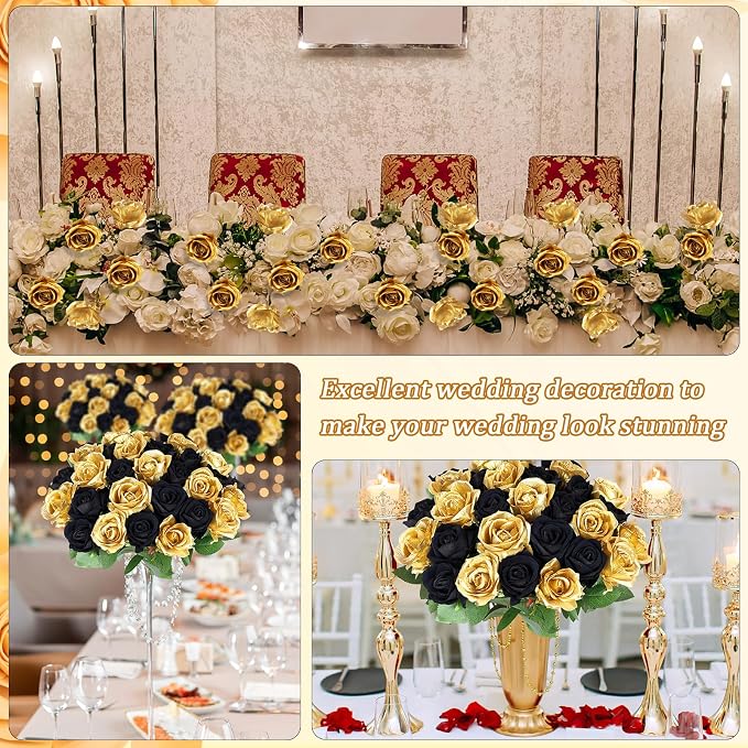 90PCS Black Gold Rose Artificial Flowers, Faux Silk Roses, Realistic Roses Bouquet for Anniversary, Baby Shower, Birthday, Graduation, Table Centerpieces, New Year's, Valentine's Day Decorations