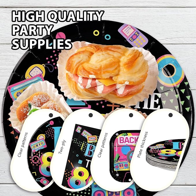 96Pcs Back to the 80s Birthday Party Decorations, Serve 24 | Back to the 80's Theme Plates and Napkins Tableware Sets Retro Colorful Hip Hop Decorations for Anniversary 1980's Supplies