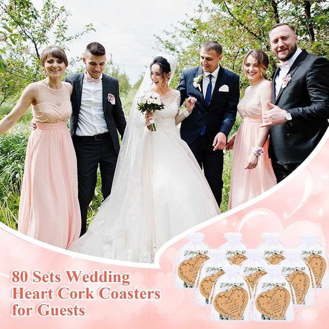 80 Sets Rustic Wedding Favor Coasters, Heart Cork Coasters for Guests, Mr & Mrs Coaster Favors with Thank You Cards & Organza Bags, Bridal Shower Party