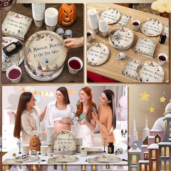 Hushee 200 Pcs a Magical Bundle Is on The Way Baby Shower Paper Plates Napkins Cups Girl Boy Baby Shower Tableware Set Magical Wizard Theme Disposable Cup Napkin for 50 Guest Party Decoration