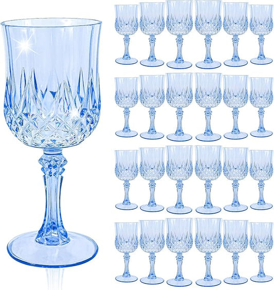 24 Pcs Royal Blue Plastic Wine Glasses, Plastic Goblets for Parties, Vintage Wine Glasses Bulk, Reusable Drinking Glass, Drinkware Cups for Wedding Party Reception Event Supplies