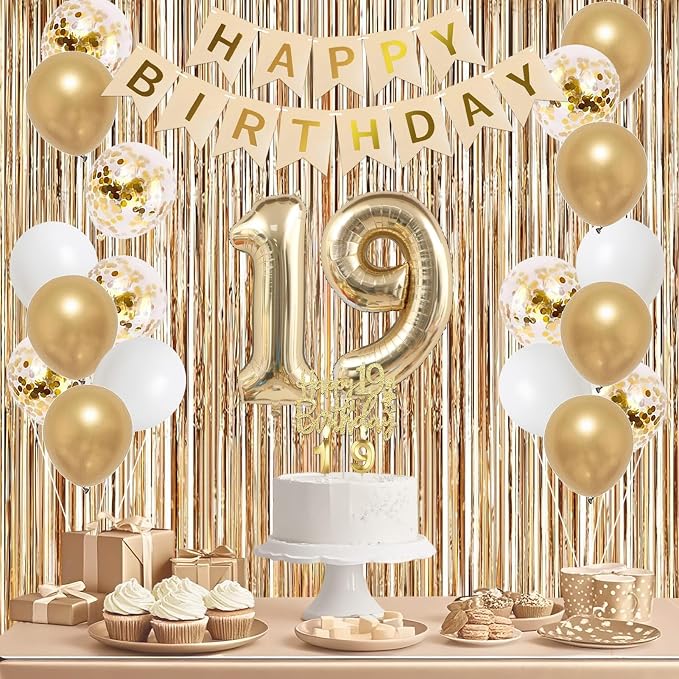 Trgowaul Happy 19th Birthday Decorations for Girls, Banner, Sash and Crown, Cake Topper, 19 Number Balloon, Fringe Curtains, Champagne Gold 19th Birthday Party Supplies