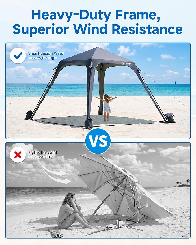 Slsy Beach Tent 10 x 10 FT, Beach Shelter with Removable Side Wall, UPF 50+ Canopy Cabana for Sun Protection, Easy Setup Shade with Sandbags, Stakes & Guy Lines, Wind Resistant, Fits 6-8 People