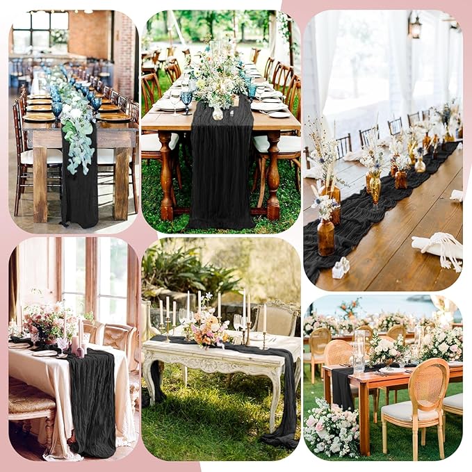 Pesonlook 12 Pack Black Cheesecloth Table Runner, 10FT Cheesecloth Rustic Boho Table Runner Long Romantic Semi Sheer Table Runner for Wedding Birthday Bridal Shower Party Decorations(21.5×120 Inch)