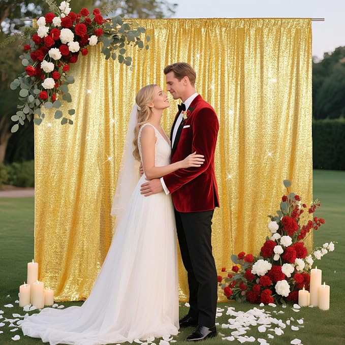 SquarePie 6x6ft Gold Sequin Backdrop for Photography, Satin-Backed Real Sequin Curtain, Enhanced Coverage Shimmering Background with 4" Rod Pocket for Wedding, Birthday, Party Decor, 1 Panel