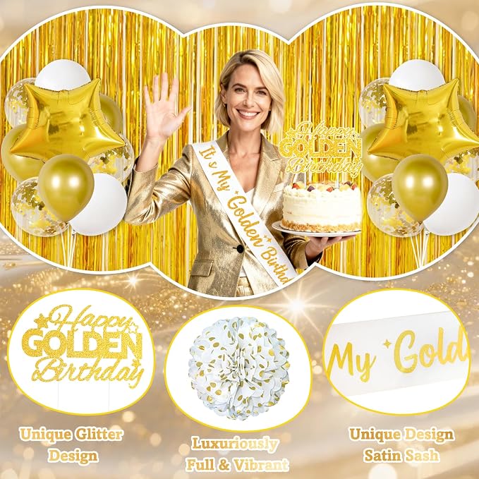Golden Birthday Party Decorations, 40PCS Gold Decorations Include It's My Golden Birthday Sash Banner Balloons Foil Fringe Curtain Paper Pompoms, Gold Party Supplies for Women Girls Men
