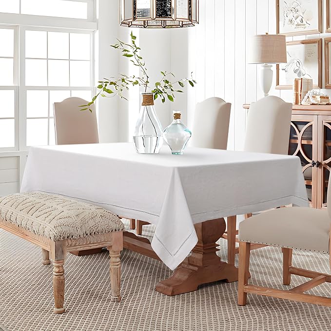 Linen World Hemstitch Linen Tablecloth,French Linen White Tablecloth 90" x 60" Inch,Washable Rectangular Table Cloth for Dining,Outdoor,Weddings and Restaurants,Decorative Thanksgiving Christmas