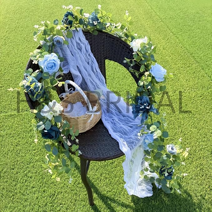 Artificial Flower Garland，6.5Ft Fake Dahlia Rose Flowers Garland Floral Eucalyptus Greenery Vine for Wedding Arch，Table Runner Centerpieces Backdrop Room Wall Hanging Plant Decor（Blue）