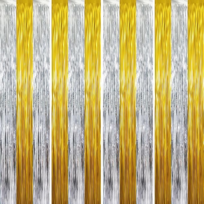 GOER Metallic Tinsel Foil Fringe Curtains Party Photo Backdrop Party Streamers for Birthday,Graduation,New Year Eve Decorations Wedding Decor (5 Packs,Gold&Silver)