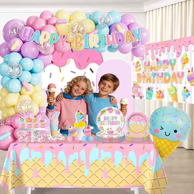 286pcs Ice Cream Birthday Party Decorations for Girl, Worry-free One-stop Set for 25 Guests, with No-DIY Banner Thick Plates and Ice Cream Balloon Arch, Easy Setup for Ice Cream Party