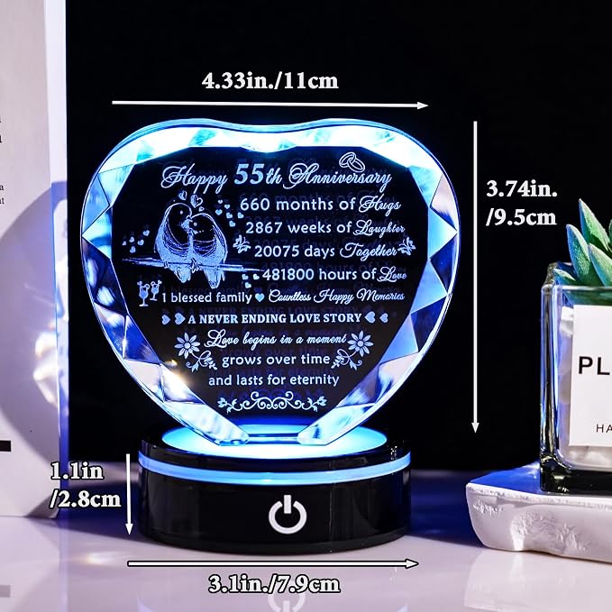 YWHL 55th Wedding Anniversary Crystal Heart Gifts for Couple Parents, Laser Engraved Romantic 55 Year Anniversary Crystal Keepsake Gifts for Wife Husband, 55 Years of Marriage Gifts for Her Him