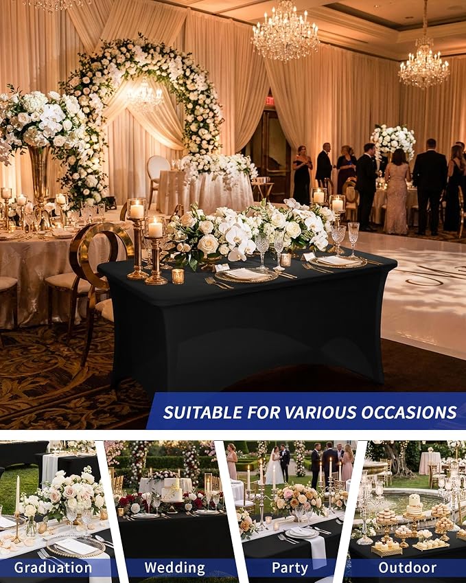 Fixwal Black Stretch Table Cloth Rectangle 2 Pack 4Ft, Spandex Fitted Table Covers Washable for Party, Trade Show, Banquet, Wedding, Buffet