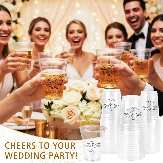 Edussy 50 Pack Disposable Wedding Plastic Cups Decor- 12 oz Mr and Mrs Cups for Wedding Stuff Decorations for Reception Bridal Shower Anniversary Party