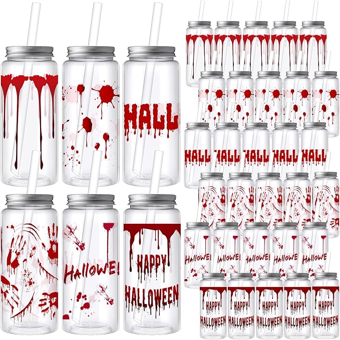 Skylety 30 Pcs Halloween Blood Printed Plastic Cups 13.5 oz Plastic Tumbler with Lids and Straws Reusable Bloody Drinking Cups for Halloween Themed Party Supplies Juice Soda Drinks