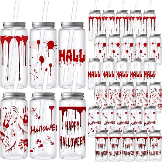Skylety 30 Pcs Halloween Blood Printed Plastic Cups 13.5 oz Plastic Tumbler with Lids and Straws Reusable Bloody Drinking Cups for Halloween Themed Party Supplies Juice Soda Drinks
