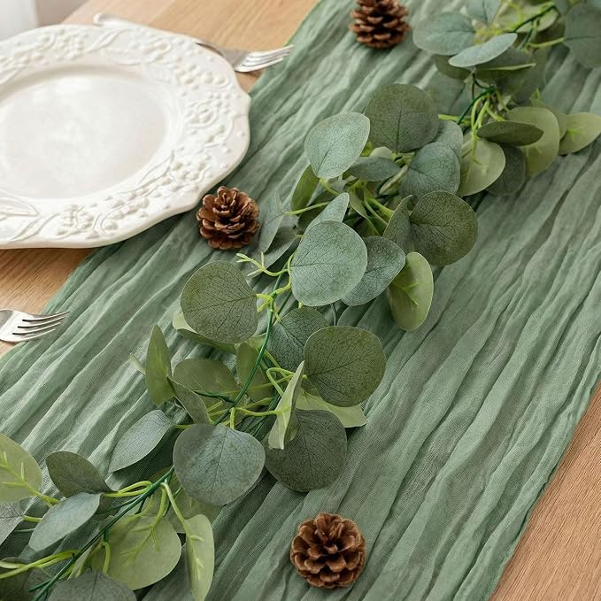 Leinuosen 8 Set 10 Ft Sage Green Cheesecloth Table Runner Wedding Decor with 6 Ft Eucalyptus Garland, Boho Gauze Table Centerpiece Runner for Wedding Baby Shower Birthday Party Decoration