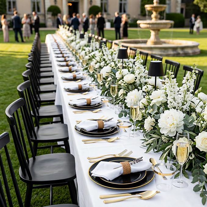 KIRE 350 PCS Plastic Dinnerware Set for 50 Guests - Black and Gold Plates 50 for Dinner 50 for Dessert & 50 Pre Rolled Napkins with Disposable Silverware 50 Cups for Graduation/Wedding/Father's Day