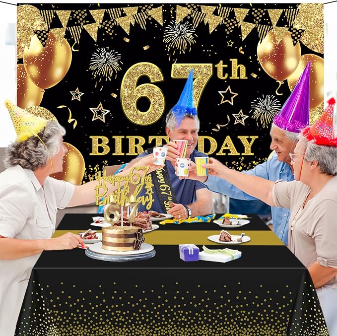 67th Birthday Decorations Men Women with 67th Birthday Banner, Black and Gold Table Cloth, Number Balloons, Sash, Cake Topper and Candles