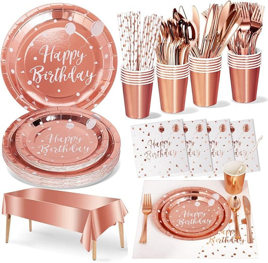 Nkaiso Birthday Party Tableware, 161 Pieces Rose gold Party Supplies, Dinnerware Sets Include Paper Plates Napkins Cups Silverware, for Shower Engagement Parties Decoration -20 Serves