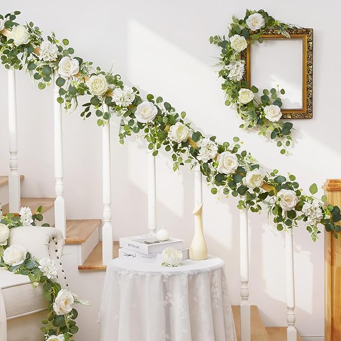 Livole 6 FT Artificial Flower Garland Real Touch Fake White Floral Rose Peony Garland with Eucalyptus Flower Hanging Vine for Wedding Table Centerpieces Backdrop Party Arch Home Decorations