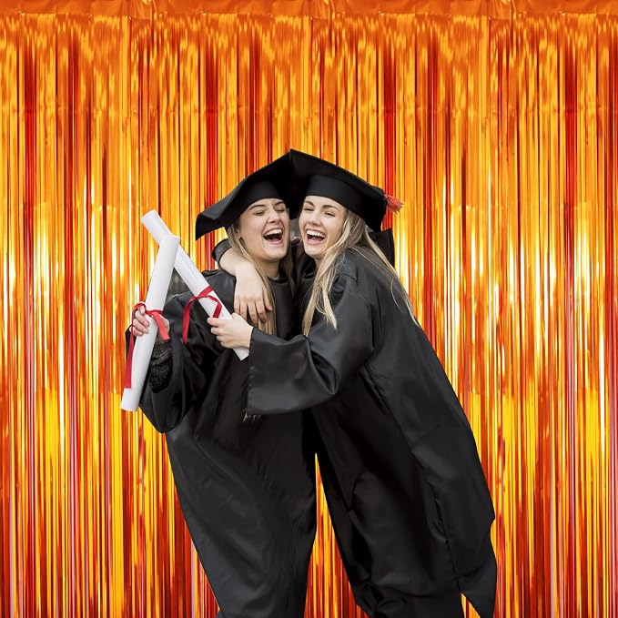 GOER 6.4 ft x 8.2 ft Metallic Tinsel Foil Fringe Curtains,Pack of 2 Party Streamer Backdrop for Birthday,Graduation Decorations and New Year Eve (Orange)