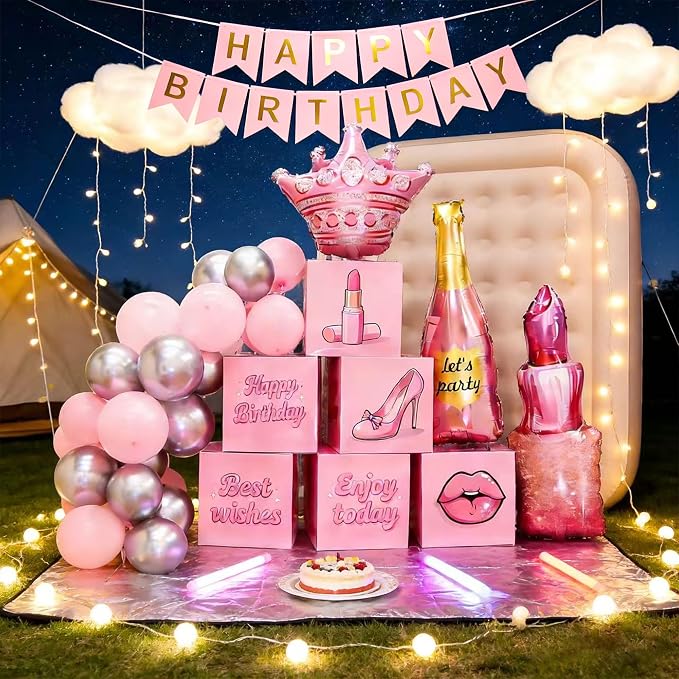 Happy Birthday Decorations for Women, Rose Gold Birthday Balloons & Happy Birthday Banner Set, Pink Princess Birthday Party Decorations
