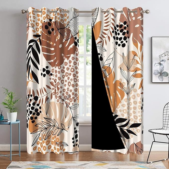 Mid Century Boho Leaves Window Curtains Palm Leaf Modern Abstract Art Curtain Drapes Boho Kitchen Curtains Window Treatment Sets Living Bedroom Dining Room Home Decor,26x24 inch,2 Panels