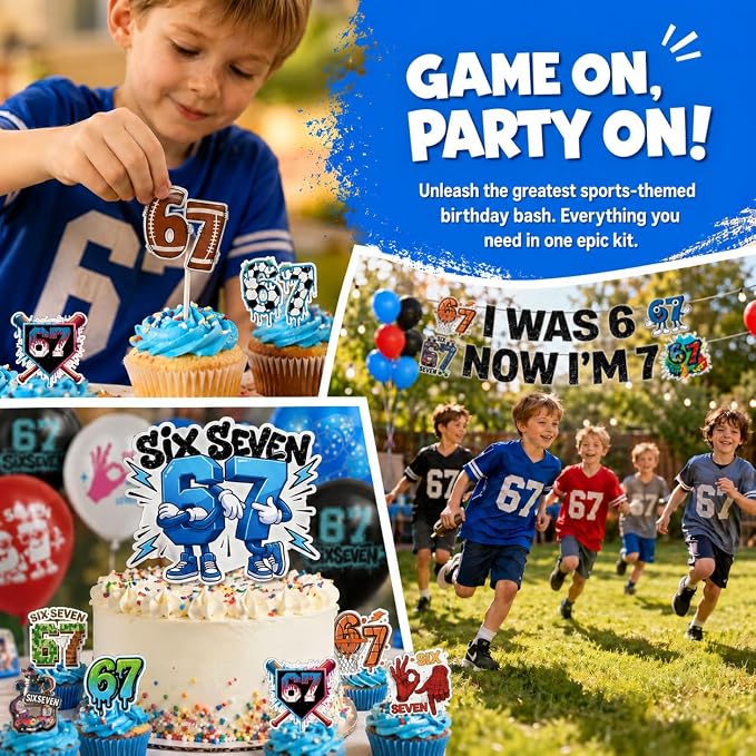 6 7 Birthday Decorations Set, I Was 6 Now I'm 7 Banner 12 Cupcake Toppers &16 Balloons, Cool Blue & Black Transition Theme 6 to 7 Birthday Party Supplies Set